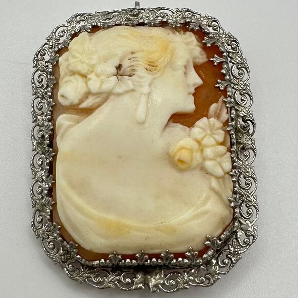 Antique Edwardian 1900s solid 14kt white gold carved shell cameo brooch pendant - Picture 2 of 10